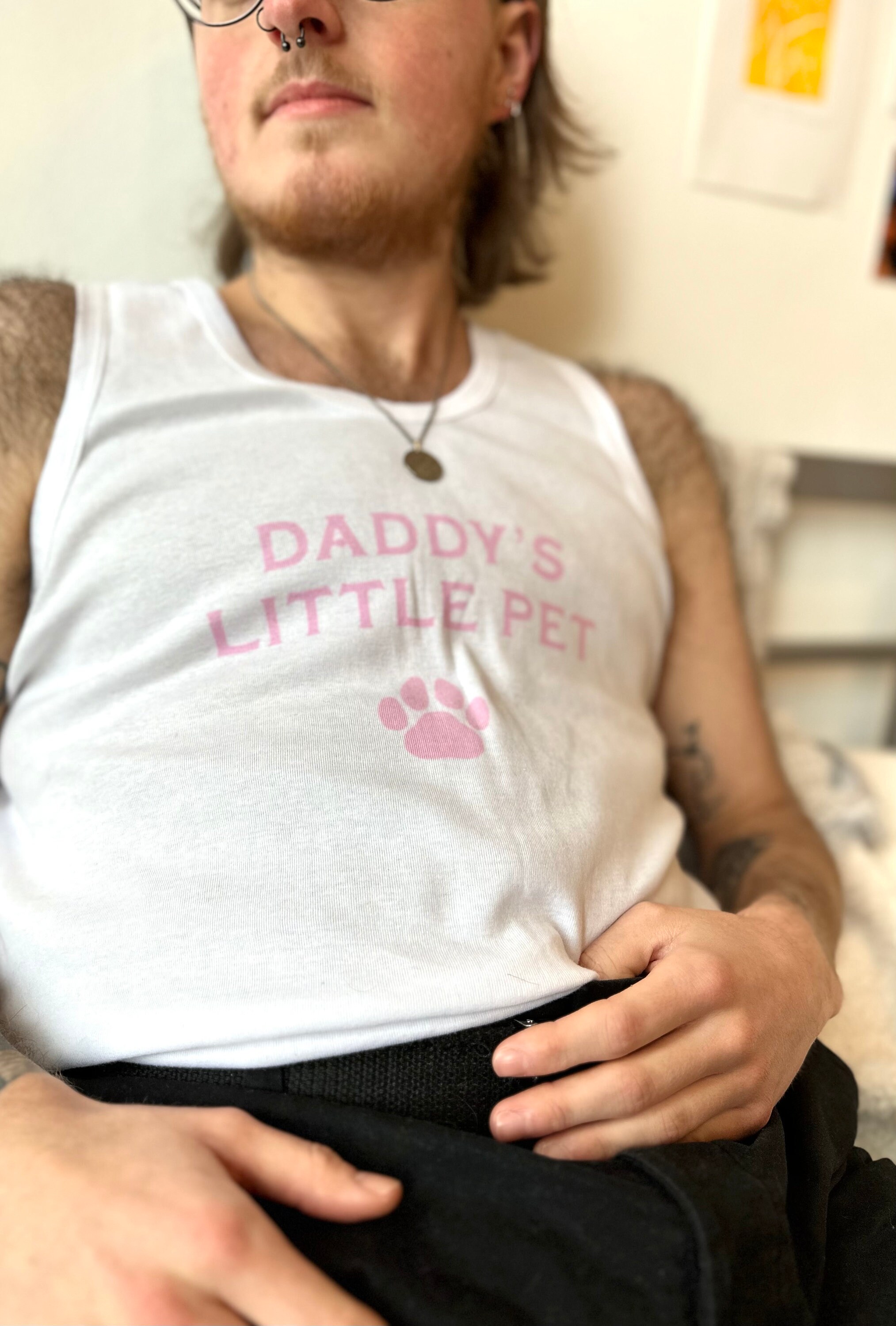 Daddy’s Little Pet - Kink Sexy White Vest - Pup Play - Good Boy - Queer Gay Trans LGBT - Handmade T-shirt - Painted Cute Gift - Lino Print