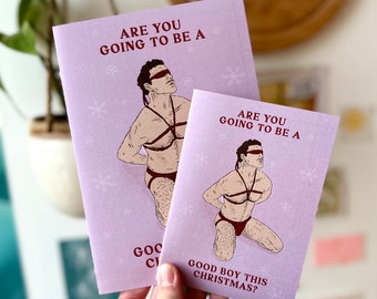 Erotic Xmas Queer Gay LGBTQ+ Christmas Card - Festive Trans Couple Art Print - Kink Sexy Nude Fun - LGBT Line Art Illustration