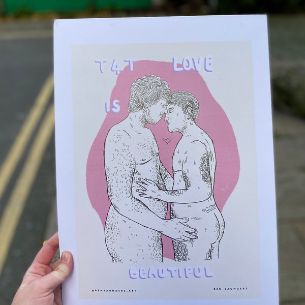 T4T Love Is Beautiful | Couple Trans Queer Artwork | Cute Gift Card Line Illustration Print | LGBTQ Pride Queer Transgender | Drawing Print