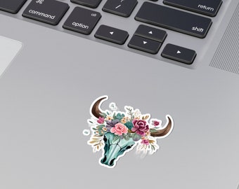 Vinylsticker boho koeienschedel bloemen – rustieke laptopsticker accessoire natuurliefhebber