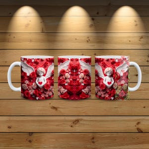 May include: Three white ceramic mugs with a romantic design. Each mug features a cherub holding a heart, surrounded by red and pink roses. The background is a vibrant red, creating a Valentine's Day theme.