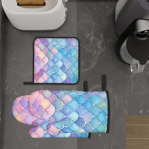 Mermaid Oven Mitt and Pot Holder Set – Waterproof Heat-Resistant Kitchen Gloves – Sublimation Printed Cooking Gift Set