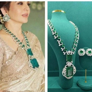 Nita Ambani inspired green long necklace Statement necklace / Celebrity jewelry /american diamond necklace /