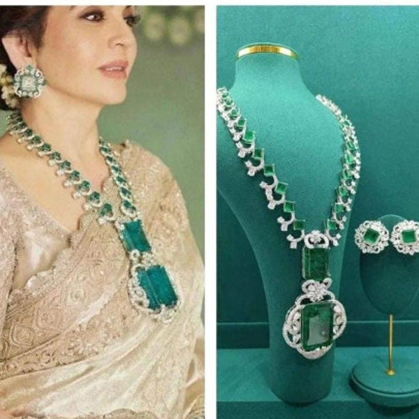Nita Ambani inspired green long necklace Statement necklace / Celebrity jewelry /american diamond necklace /