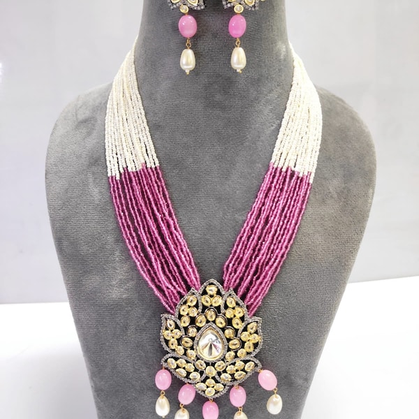 Pink long Kundan Necklace • Indian Jewelry • Pakistani Jewelry • Long Indian Necklace • Sari Necklace • Kundan Necklace• Sabyasachi Jewelry