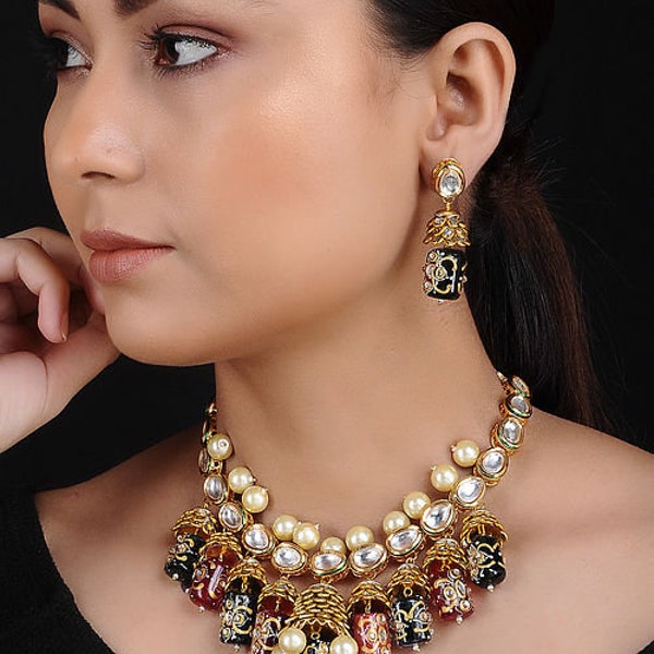 Kundan Choker Tanjore kundan necklace set, simple kundan set, multi color kundan set, meena kundan necklace set, Indian kundan jewellery