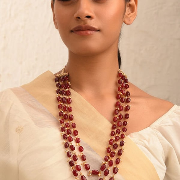 Maroon Gold Tone Necklace with Pearls With Pearls Semi precious Necklace with heavy Indian kundan designer jewellery, Tanjore kundan necklac