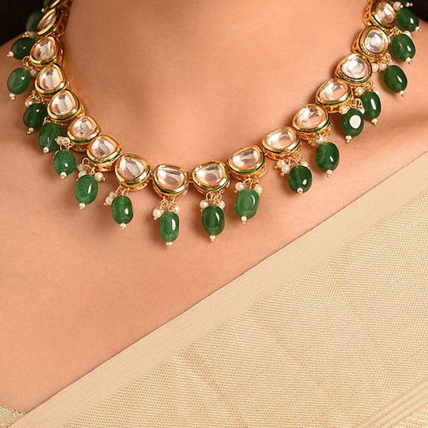 Green Kundan Necklace Set with Pearls Tanjore kundan necklace, Tanjore kundan haar, bridal kundan