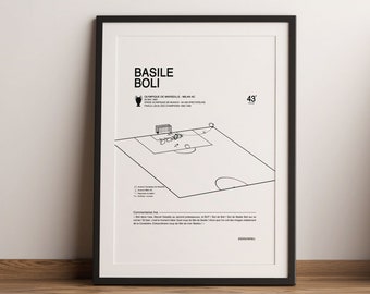 Affiche football but Basile Boli 93 OM-Milan AC - Déco foot | Poster Football légende Marseille Affiche