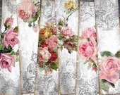 Shabby Roses Strips For Crafting, Digital Bookmark For Scrapbooking, Floral Collage Sheet, Bookmark Printable Vintage, Roses Decoupage Paper