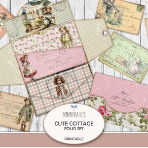 Cute Cottage Folio Set, Junk Journal Printable, Cottage Girls, Tri Fold Folio Kit, Shabby Loaded Folder, Vintage Cottage, Digital Download