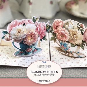 Pop Up Karte, Tea Party Einladung, Brunch Einladung, Teetassen Rosen, Tee Papier, Junk Journal, Folio Einlage, Folio Add-On