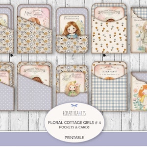 Floral Cottage Mädchen Taschen und Karten, Junk Journal Folio Kit, Cottagecore Digital, geladene Taschen, Journal Versorgung