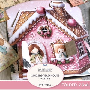 Lebkuchenhaus, Junk Journal Folio, Rosa Weihnachten, Weihnachten Clipart, Junk Journal Kit, Geschenkkartenhalter, Cottage Core