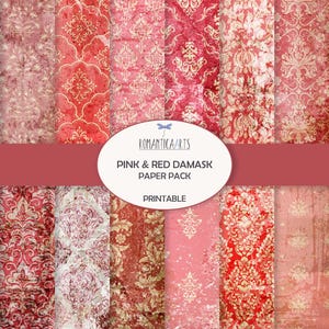 Rosa Und Rot Damast Papier Pack, Damast Muster, Digitale Tapete, Rosa Shabby Papier, Junk Journal, Damast Hintergrund, Digitaler Download