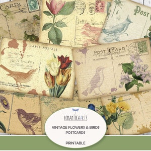 Blumen und Vögel Postkarten, schäbige Vogel Karte, Vintage Blumen, Vintage Postkarte, Vogel Ephemera, Journalbeilage, digitaler Download