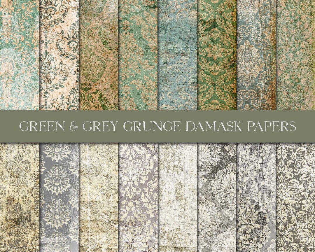 Digital Green and Grey Damask Paper, Wallpaper Style, Shabby Vintage