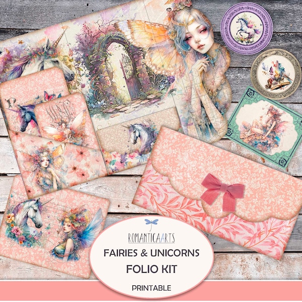 Fairy And Unicorn Folio Kit, Junk Journal Printable, Tri Fold Folio, Fairy Tale, Folding Folio, Unicorn Printable, Digital Download