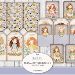 Floral Cottage Girls Tri-Fold Tag, Junk Journal Printable, Cottagecore Digital, Geladene Taschen, Scrapbook Kit, Journal Versorgung
