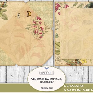Papelería botánica digital, papel de carta con motivos florales, papel y sobre, diseño botánico vintage, papel botánico, diario basura, descarga digital