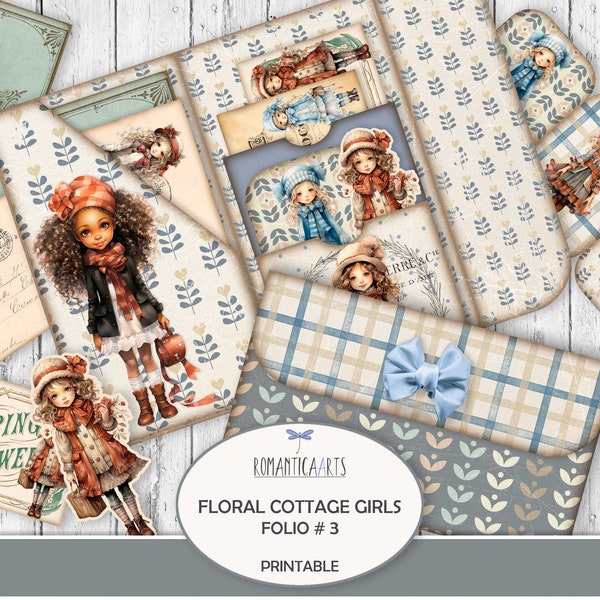 Floral Cottage Girls Folio Kit, Junk Journal Kit, Digital Download, Country Girl, Little Girl, Granddaughter, Printable Folio, Cottagecore