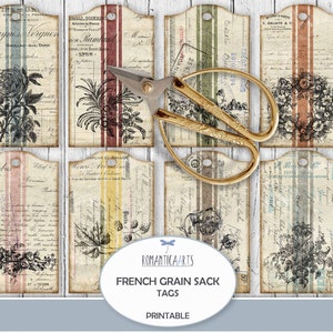 Etiquetas para sacos de cereales francesas, etiquetas francesas desgastadas, etiquetas colgantes vintage, hojas de collage de etiquetas, insertos de diario, efímeras francesas, descarga digital
