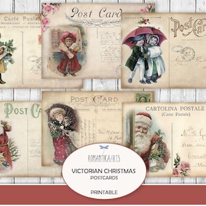 Papier numérique Cartes postales de Noël à créer, Carte postale victorienne imprimable, Papier numérique Père Noël avec cadeaux, Papier de Noël vintage pour enfants et cadeaux