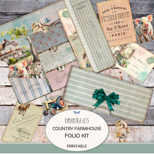 Country Farmhouse Folio Kit, Junk Journal Printable, Tri Fold Folio Kit, Folding Journal, Loaded Folder, Journal Insert, Digital Download