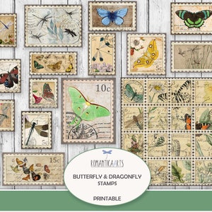 Sellos de mariposas y libélulas, sellos de estilo vintage, sellos falsos, adornos de sellos, sellos imprimibles, diario basura, descarga digital