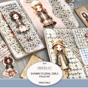 Kit de carpeta con estampado floral Shabby Floral Girls, carpeta con páginas imprimibles, carpeta Vintage Girl, carpeta plegable digital, colores pastel, Junk Journal