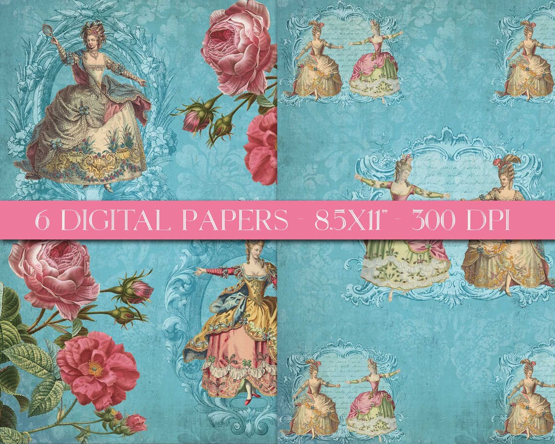 Marie Antoinette Digital Paper French Fashion Printable Teal - Etsy ...