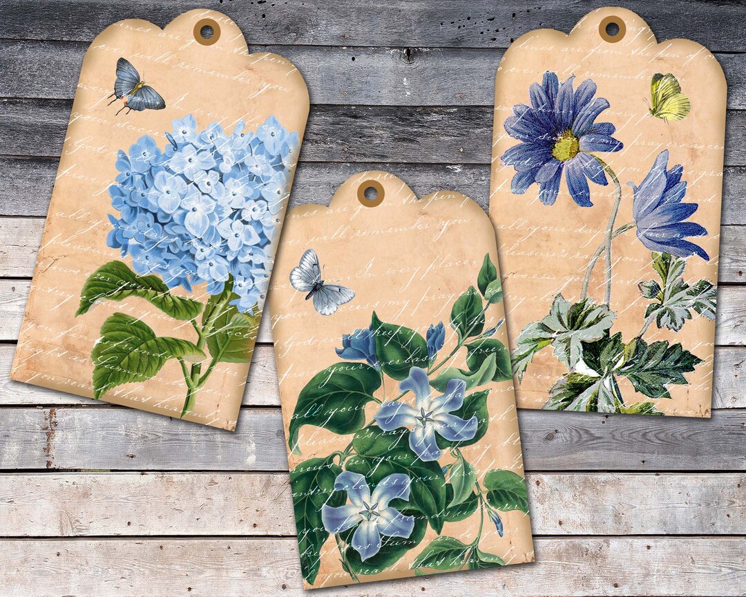 Blue Flowers Printable Gift Tags, Printable Ephemera Vintage Blue