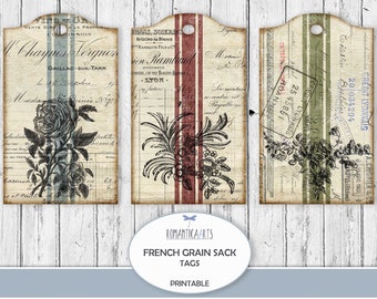 French Grain Sack Tags, Shabby French Tags, Vintage Hang Tag, Tag Collage Sheet, Journal Insert, French Ephemera, Digital Download