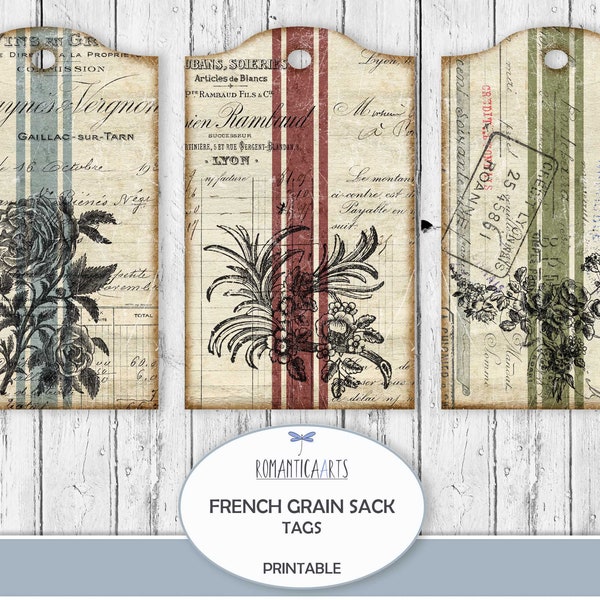 French Grain Sack Tags, Shabby French Tags, Vintage Hang Tag, Tag Collage Sheet, Journal Insert, French Ephemera, Digital Download