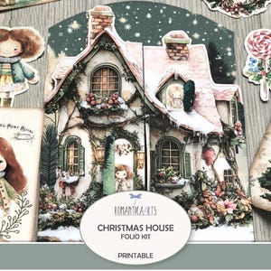 Junk Journal Folio, Christmas House, Folding Folio, Double Door Folio, Christmas Clipart, Digital Papers, Cottage Core, Gift Card Holder