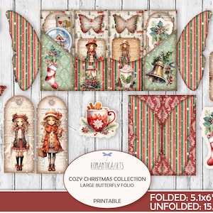 Junk Journal Folio, Cozy Christmas, Butterfly Wings Folio, Junk Journal Kit, Red And Green, Christmas Tags, Digital Papers, Winter Ephemera