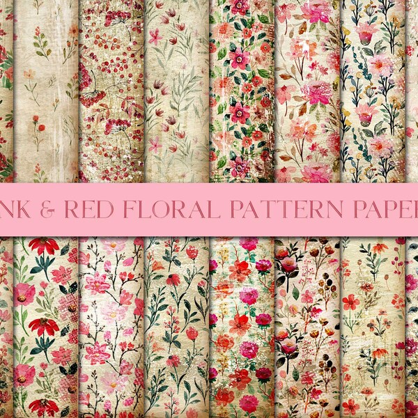 Pink And Red Floral Pattern Paper Pack, Pink Flower Paper, Floral Background, Printable Valentine, Shabby Botanicals, Romantica Arts