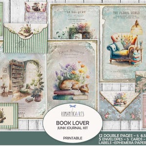 Kit de diario para amantes de los libros, diario basura imprimible, rincón de lectura acogedor, biblioteca bonita, diario de lectura, descarga digital, papel para álbum de recortes