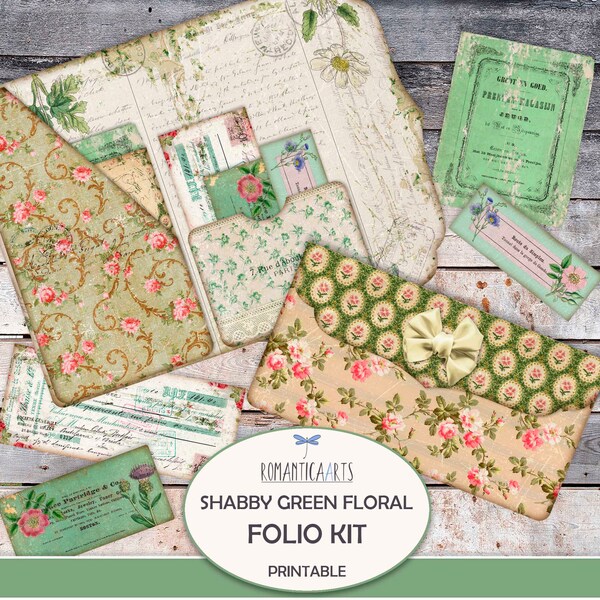 Shabby Green Floral Folio Kit, Junk Journal afdrukbaar, Tri Fold Folio Kit, Folio Pocket, Journal Insert, Geladen map, Digitale Download