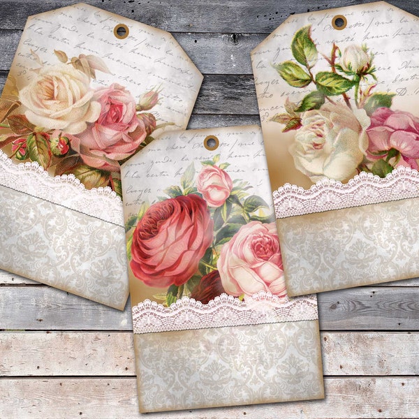 Vintage Roses Tags Digital, Printable Lace Gift Tags, Romantic Roses Digital Download, Shabby Victorian Roses Hang Tag, Floral Collage Sheet