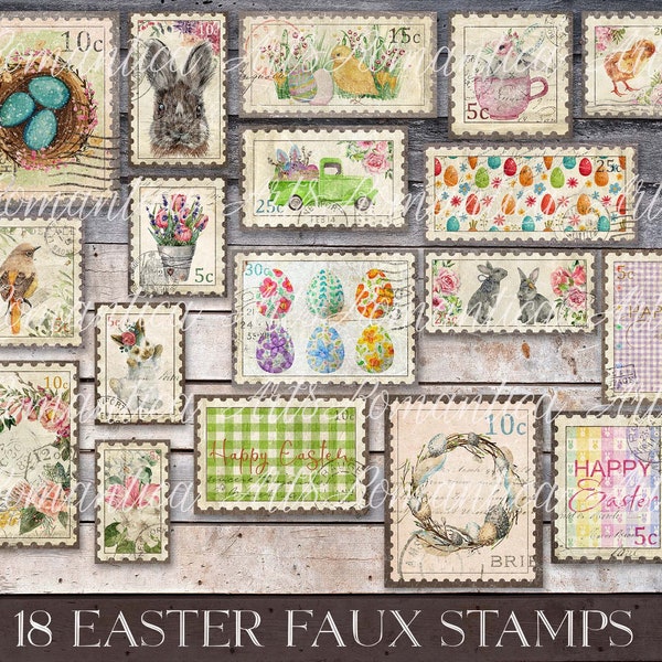 Easter Bunny and Egg Stamps, Faux Stamp, Easter Digital Paper, Printable Easter, Digital Stamp, Journal Insert, Spring Downloads