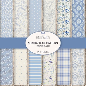 Schäbige Blaue Musterpapiere, Blaue Tapete, Digitaler Hintergrund, Junk Journal Seiten, Cottagecore, Dekorpapier, Streifen, Damast, Polka Dot