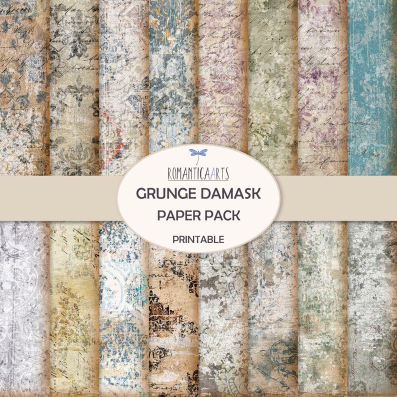 Grunge Damask Pattern Paper Pack, Wallpaper Style, Damask Digital Paper, Vintage Damask, Background Paper, Journal Supply, Digital Download image 1