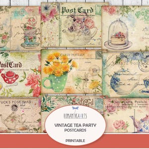 Druckbare Vintage Teeparty Postkarten, Papiere für Teeliebhaber, digitale Tea Junk Journalbeilage, Teejournalverzierung, digitaler Download