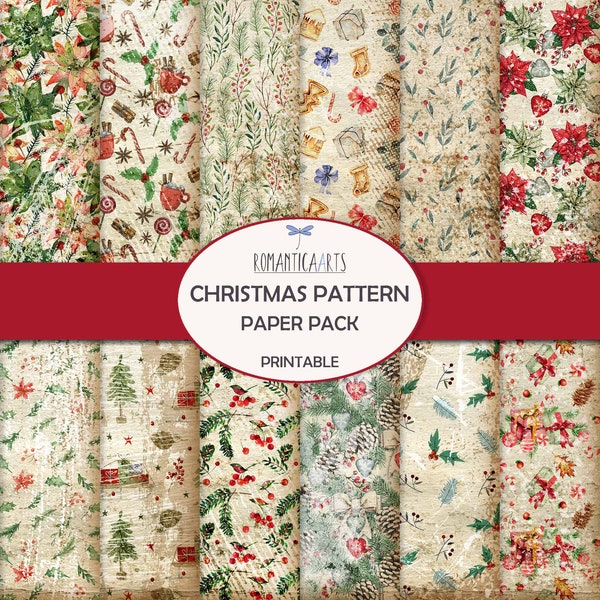 Christmas Festive Pattern Paper Pack, Shabby Christmas, Festive Scrapbook, Red And Green Paper, Winter Holiday Pages, Digital Download