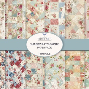 Schäbiges Patchwork Papier, Vintage Hintergrundpapier, Quilt Stoff Digital, Grunge Papier zum Ausdrucken, digitales Pastellblumenpapier