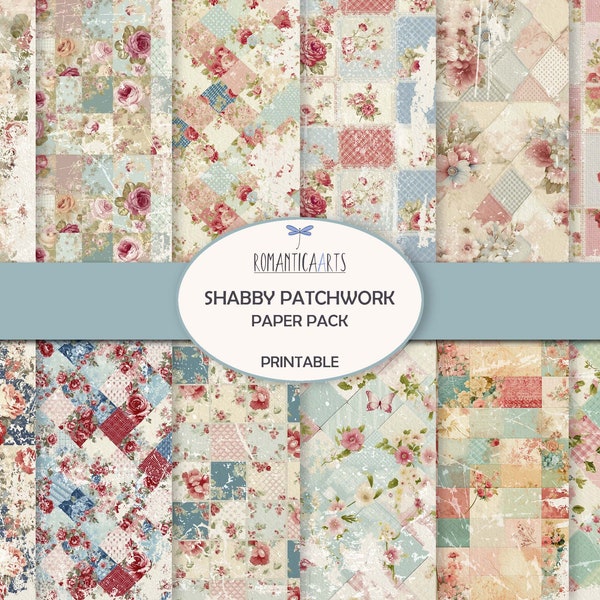 Shabby Patchwork Paper Pack, Vintage Background Paper, Quilt Fabric Digital, Grunge Paper Printable, Digital Pastel Floral Paper