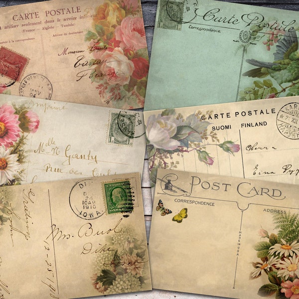 Printable Vintage Floral Postcard, Shabby Rose, Romantic Postcard, Scrapbook Paper, Journal Insert, Junk Journal, Digital Download