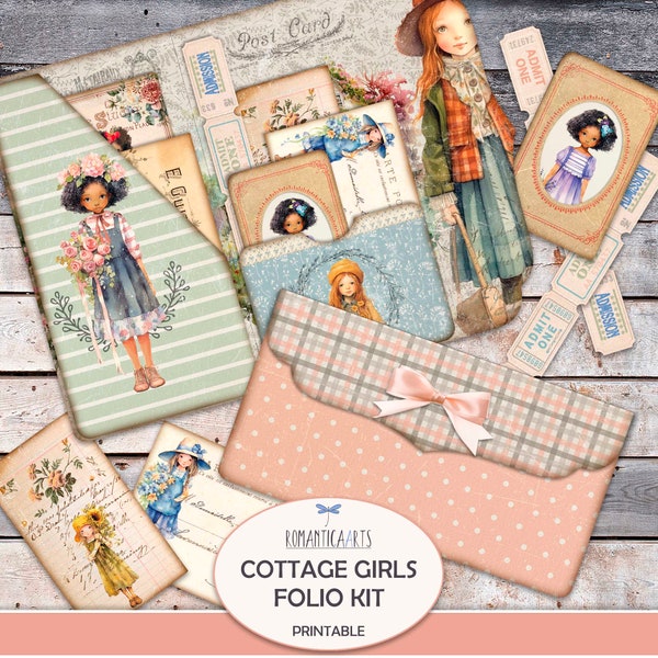 Sweet Cottage Girls Folio Kit, Printable Folding Folio, Vintage Country Girl Folio, Folio Journal, Loaded Folder, Digital Download