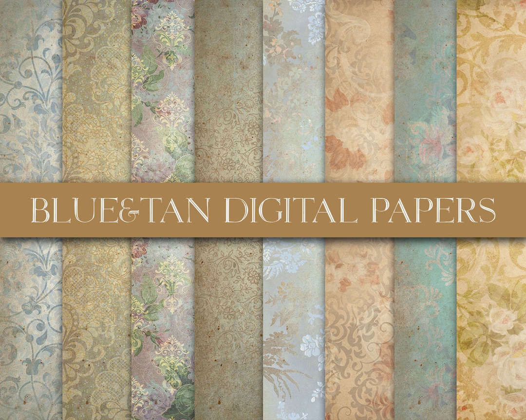 Blue and Tan Paper, Damask Pattern, Floral Pattern, Shabby Vintage
